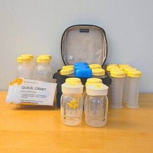 Medela Storage Cooler, Ice Pack, & 2.5 Oz, 5 Oz, 8 Oz Bottles and Lids.